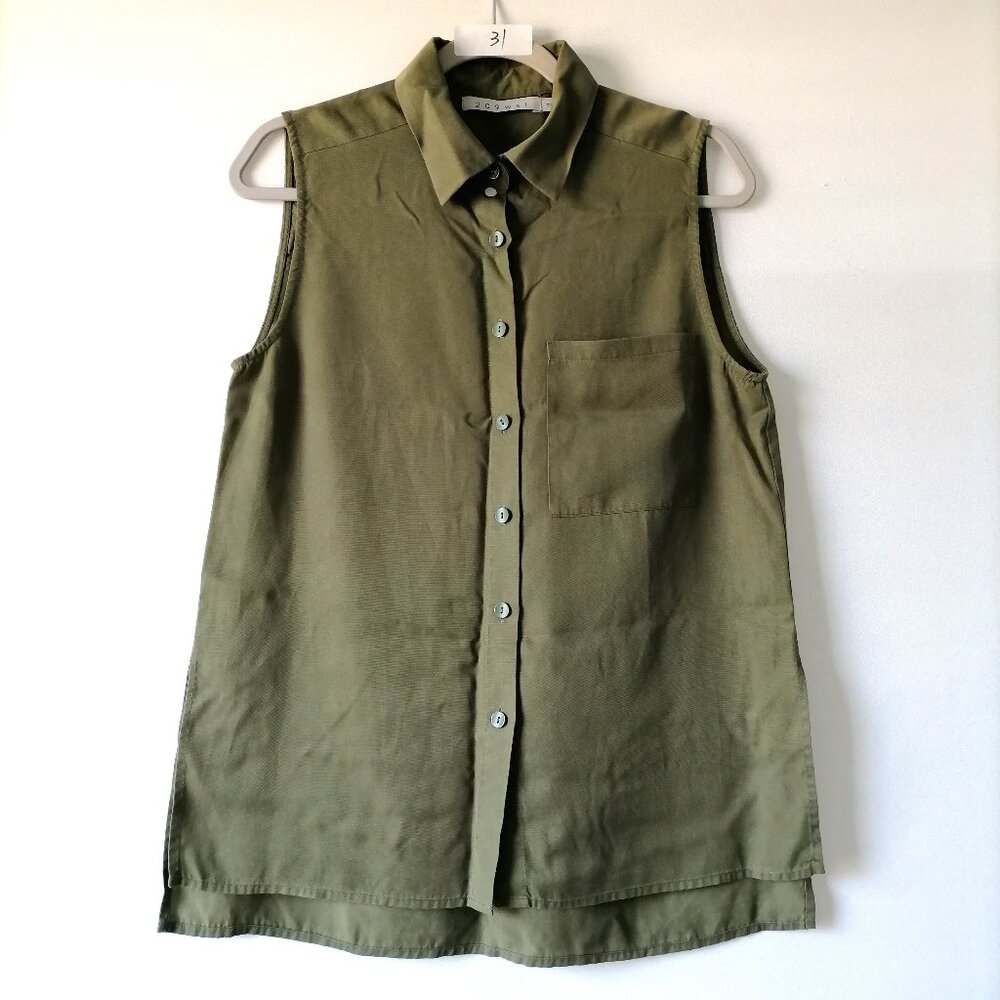 209 WST Womens Army Green Sleeveless Collared Hi Low Hem Button Up Shirt Size 8